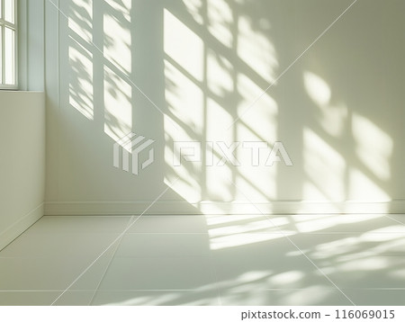Sunlight streams through a window, casting intricate shadows on a white wall and tiled floor, creating a serene atmosphere. 116069015
