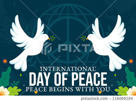 International Peace Day Vector Illustration with Hands, Pigeon, Globe, and Blue Sky to Promote Prosperity in the World in a Flat Cartoon Background 116069184