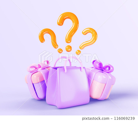 Mystery gift boxes and shop paper bag question sale 3d render background. Fashion banner with secret present package, faq signs. Surprise parcel delivery with ribbon bow Cartoon icons. 3D illustration 116069239