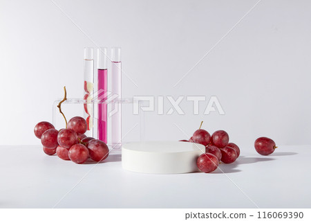 The front angle photo with laboratory equipments and fresh grape, over white background. Empty pedestal for product showing, placed in the center of white table, copy space for adding text The front angle photo with laboratory equipments and fresh grape, over white background. Empty pedestal for product showing, placed in the center of white table, copy space for adding text 116069390