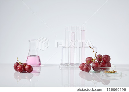 White background photo with laboratory layout and grape ingredient, grape seed essential oil contained in lab glassware such as erlenmeyer flask and test tube. Blank space in center for displaying 116069396