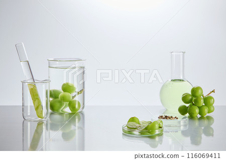 The creative photo was shot in lab scene from front angle, dotted by green color of grape against the white background. Displaying space in the center for grape seed extract products advertising 116069411