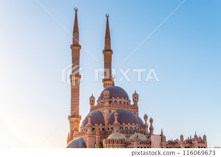 Beautiful Al Mustafa Mosque in Old Town of Sharm El Sheikh in Egypt, at sunset Beautiful Al Mustafa Mosque in Old Town of Sharm El Sheikh in Egypt, at sunset 116069673