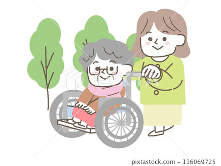 Senior woman in a wheelchair and a woman pushing her 116069725