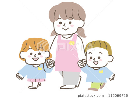 A nursery teacher walking with a child, holding hands 116069726