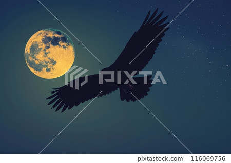 large black eagle is flying over a large yellow moon with Generative AI 116069756