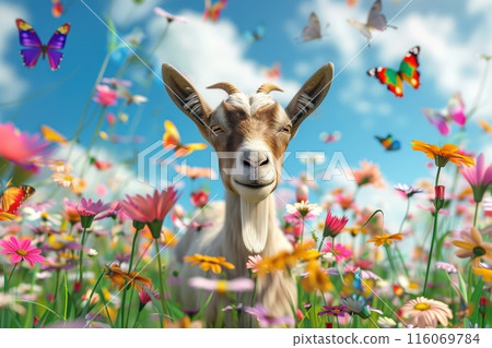 A goat is in a field of flowers with butterflies flying around it with Generative AI 116069784