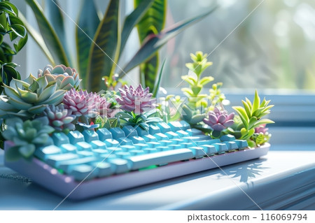 A keyboard with a garden of plants on it with Generative AI A keyboard with a garden of plants on it with Generative AI 116069794