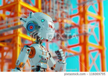 A robot is standing in front of a building with Generative AI A robot is standing in front of a building with Generative AI 116069795