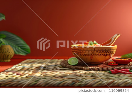 bowl of soup with a spoon on a table with Generative AI bowl of soup with a spoon on a table with Generative AI 116069834