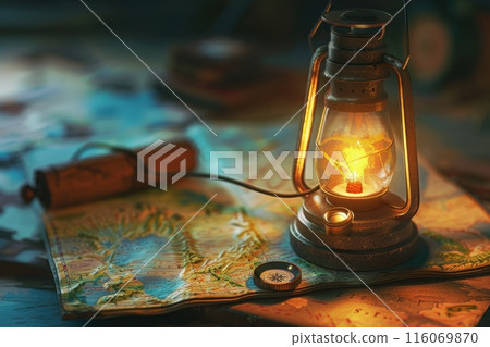 A lantern sits on a table next to a map and a book with Generative AI A lantern sits on a table next to a map and a book with Generative AI 116069870
