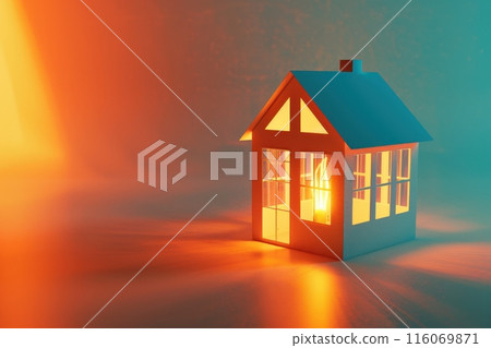 A small house with a bright roof and windows lit up with Generative AI 116069871