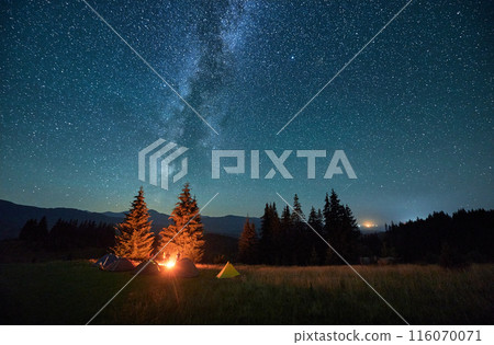Night camping in mountains under starry sky. Tourist tents in campsite under sky full of stars with Milky way. Silhouette of hikers having a rest near burning campfire. Concept of tourism, adventures. 116070071