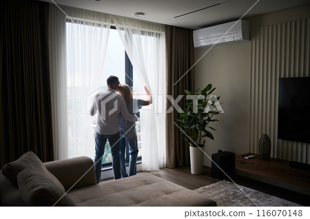Young couple looking at view from their new apartment. Happy couple hugging. Back view of male and his girlfriend next to big window at home. 116070148