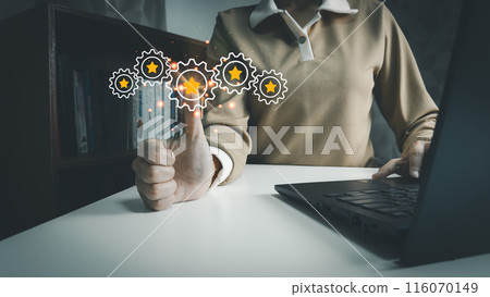 Satisfaction concept of customer, express their opinions, answers and satisfied scores, client is satisfied with pressing 5 stars icon, excellent service, good feedback from user 116070149