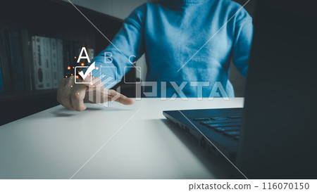 Satisfaction concept of customer, express their opinions, answers and satisfied scores, client is satisfied with pressing 5 stars icon, excellent service, good feedback from user 116070150
