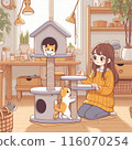 A cat playing on a cat tower and a girl watching over it 116070254