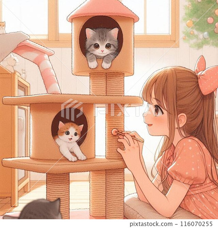 貓在貓塔裡玩耍，一個女孩在看著它們 116070255