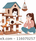 A cat playing on a cat tower and a girl watching over it 116070257