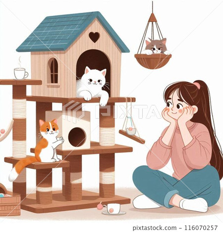 A cat playing on a cat tower and a girl watching over it 116070257
