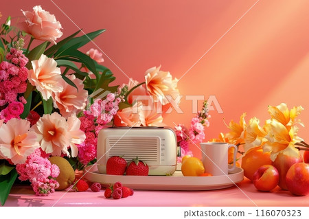 A white toaster is on a tray with a variety of fruits and flowers with Generative AI A white toaster is on a tray with a variety of fruits and flowers with Generative AI 116070323