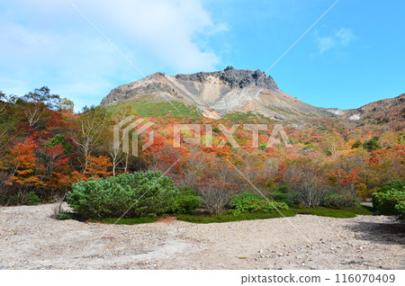 從姥場頭平眺望那須山和茶臼山,秋天的紅葉盛開。 從姥場頭平眺望那須山和茶臼山,秋天的紅葉盛開。 116070409