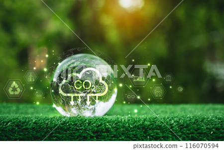 A glass sphere with a CO2 cloud on it, The sphere is surrounded by a green background with various icons and symbols, Scene is one of environmental awareness and concern for the planet. A glass sphere with a CO2 cloud on it, The sphere is surrounded by a green background with various icons and symbols, Scene is one of environmental awareness and concern for the planet. 116070594