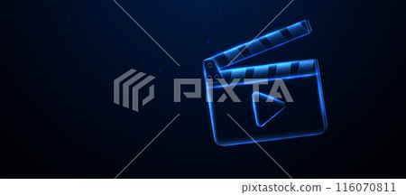 Movie film clap board icon. Glowing wireframe, linear and mesh illustration Movie film clap board icon. Glowing wireframe, linear and mesh illustration 116070811