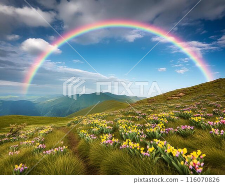 Flowers blooming on a plateau with a rainbow 116070826