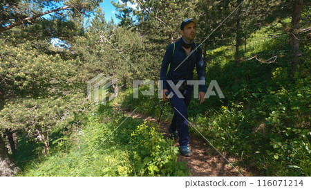 Hiker with backpack and trekking pole on a sunlit trail through dense, green woodland, equipped for an adventurous journey. Hiker with backpack and trekking pole on a sunlit trail through dense, green woodland, equipped for an adventurous journey. 116071214