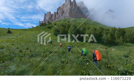 A group of hikers with large backpacks against the backdrop of a huge cliff draped with debris. Mountain hike. Tourists climb the trail on a grassy slope. 116071220