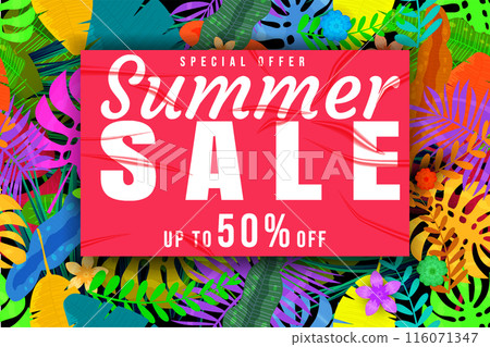 Summer Sale banner tropical plant, flowers and leaves Summer Sale banner tropical plant, flowers and leaves 116071347