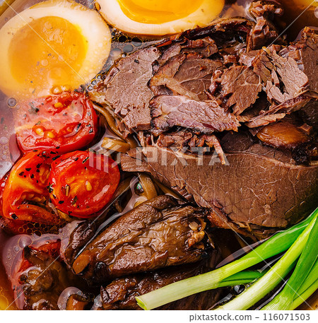 Savory beef ramen bowl with egg and vegetables Savory beef ramen bowl with egg and vegetables 116071503