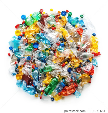 Mixed plastic waste, including colorful bottles and caps, isolated on white background. Useful for environmental awareness campaigns and waste management topics. Mixed plastic waste, including colorful bottles and caps, isolated on white background. Useful for environmental awareness campaigns and waste management topics. 116071631