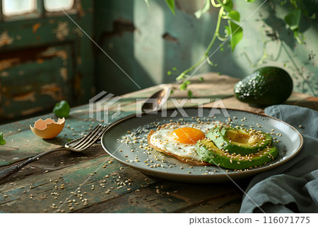 Generative Ai illustration. Delicious breakfast with avocado, egg, sesame seeds.  116071775