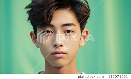 Portrait of a cute handsome happy Asian teenager guy with perfect skin, light green background, banner. 116071961