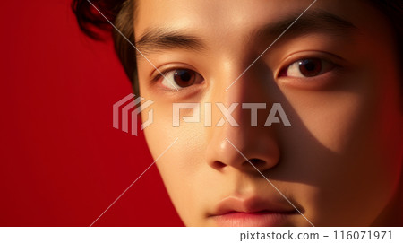 Portrait of a cute handsome happy Asian teenager guy with perfect skin, red background, banner. Portrait of a cute handsome happy Asian teenager guy with perfect skin, red background, banner. 116071971