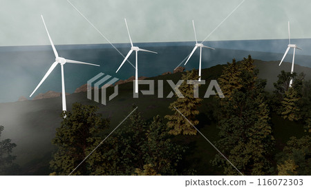 A group of wind turbines are on a hillside next to a body of water A group of wind turbines are on a hillside next to a body of water 116072303