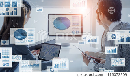 Business people in a meeting and business data DX 116072809
