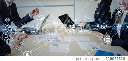 Meeting business people and communication network 116072829