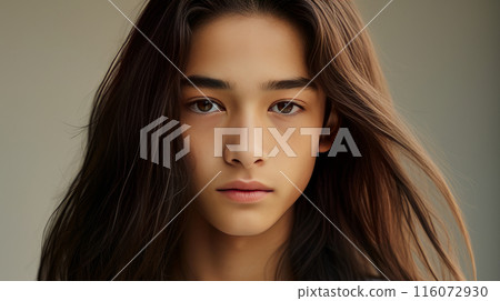 Portrait of a cute handsome happy Asian teenager guy with long hair and perfect skin, creamy beige background, banner. 116072930
