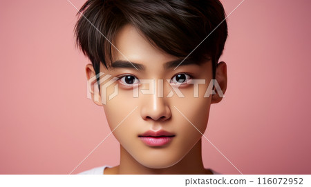Portrait of a cute handsome happy Asian teenager guy with perfect skin, pink background, banner. 116072952