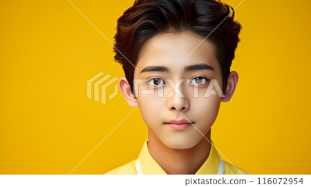 Portrait of a cute handsome happy Asian teenager guy with perfect skin, yellow background, banner. 116072954