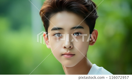 Portrait of a cute handsome happy Asian teenager guy with perfect skin, light green background, banner. 116072957