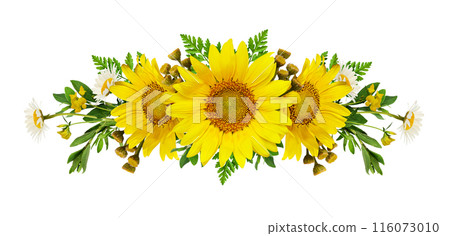 Sunflowers and wild flowers in a summer floral arrangement isolated 116073010