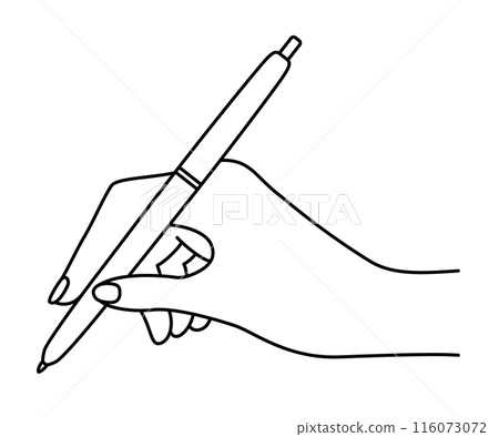 Line drawing illustration of a hand holding a pen Line drawing illustration of a hand holding a pen 116073072