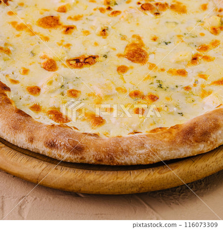 Fresh baked cheese pizza on wooden board 116073309