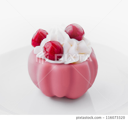 Gourmet raspberry mini cake on white plate 116073320