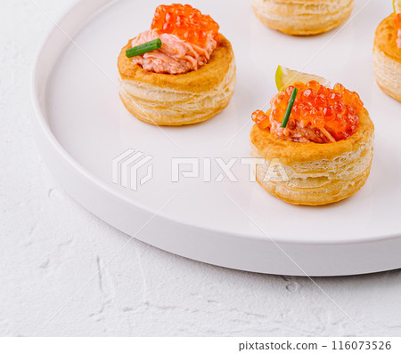Elegant salmon tartare appetizers on white plate Elegant salmon tartare appetizers on white plate 116073526