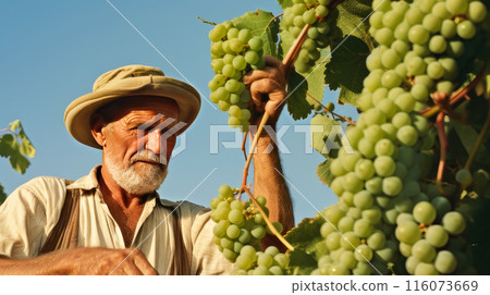 Man picking grapes: Manually picking green grapes on vineyards to make wine. 116073669